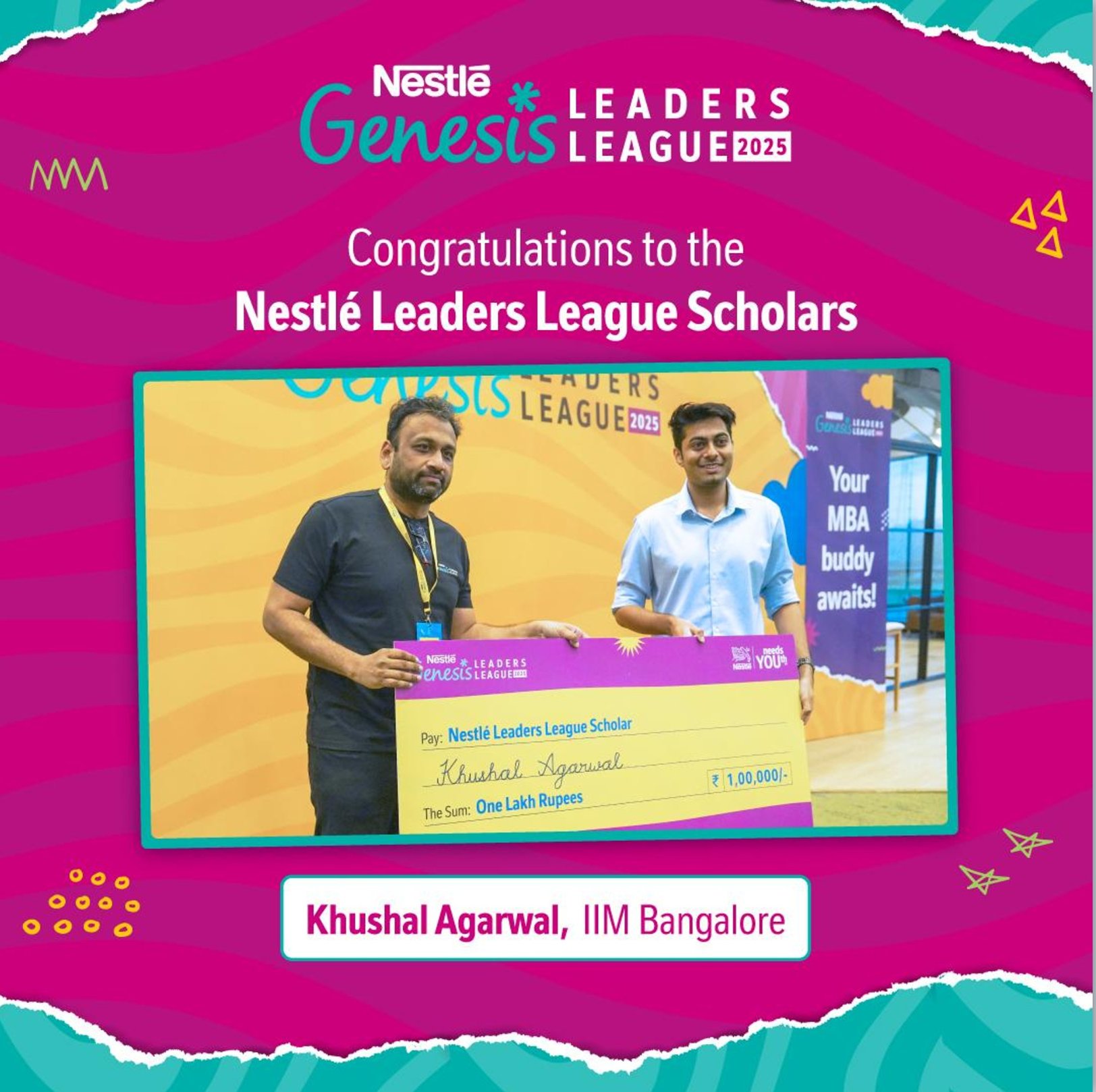 Khushal Agarwal receiving the Nestlé Leaders League Scholar cheque at Genesis 2025