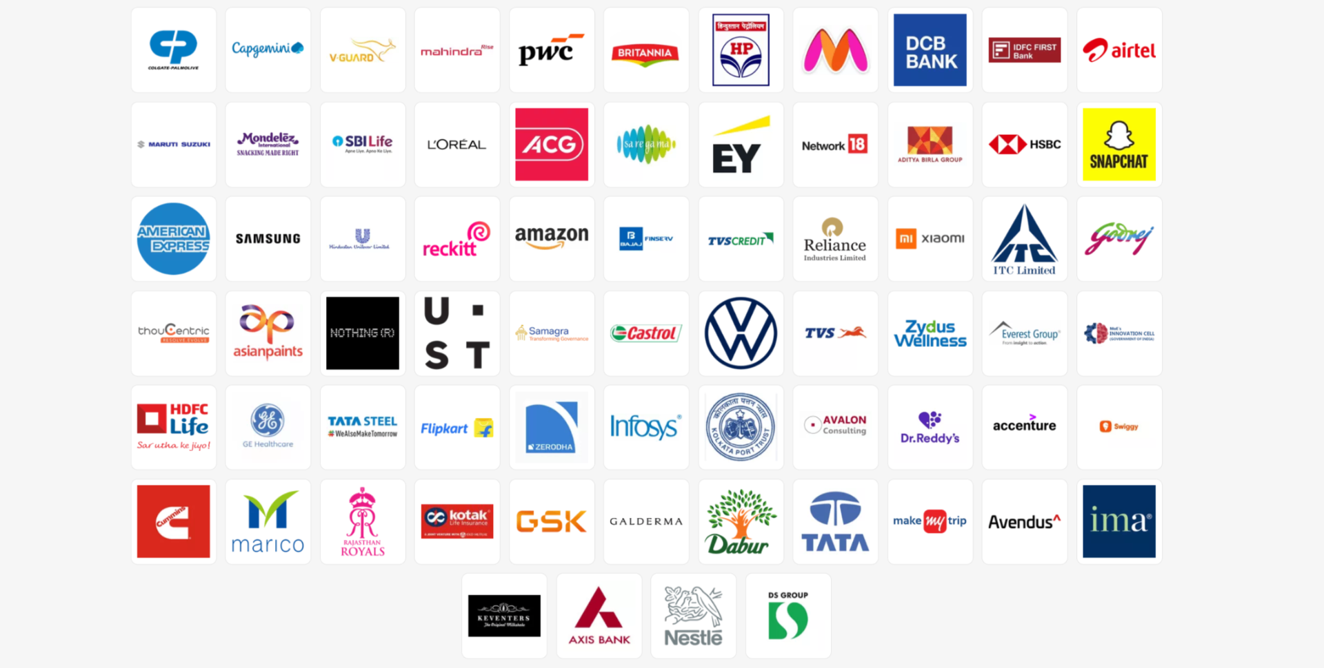 Popular corporate case competition logos - Colgate Palmolive, Capgemini, Mahindra, PwC, Britannia, HP, DCB Bank, Airtel, Maruti Suzuki, Mondelez, SBI Life, L'Oreal, ACG, EY, HSBC, Snapchat, American Express, Samsung, Unilever, Reckitt, Amazon, Reliance, Xiaomi, ITC, Godrej, Asian Paints, Nothing, UST, Castrol, Volkswagen, TVS, Zydus, HDFC Life, GE Healthcare, Tata Steel, Flipkart, Zerodha, Infosys, Accenture, Swiggy, Cummins, Marico, Kotak, GSK, Galderma, Dabur, Tata, MakeMyTrip, Avendus, Axis Bank, Nestle and more