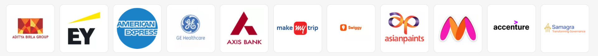 Companies where our students got placed - Aditya Birla Group, EY, American Express, GE Healthcare, Axis Bank, MakeMyTrip, Swiggy, Asian Paints, Myntra, Accenture, Samagra