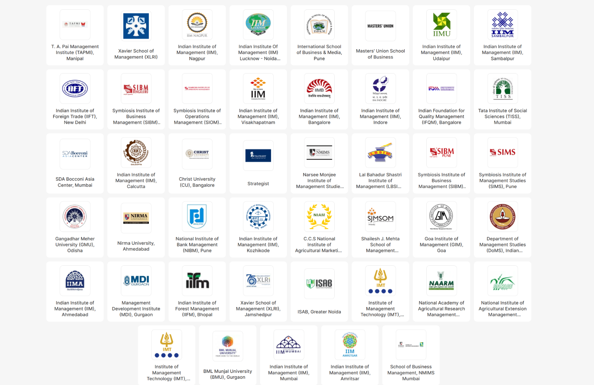 Top B-Schools including IIMs, XLRI, ISB, MDI, and more where our students excel