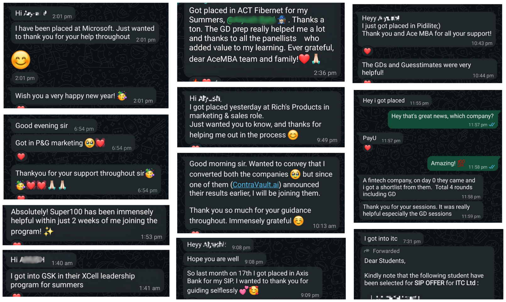 SIP & Final Placement WhatsApp Testimonials